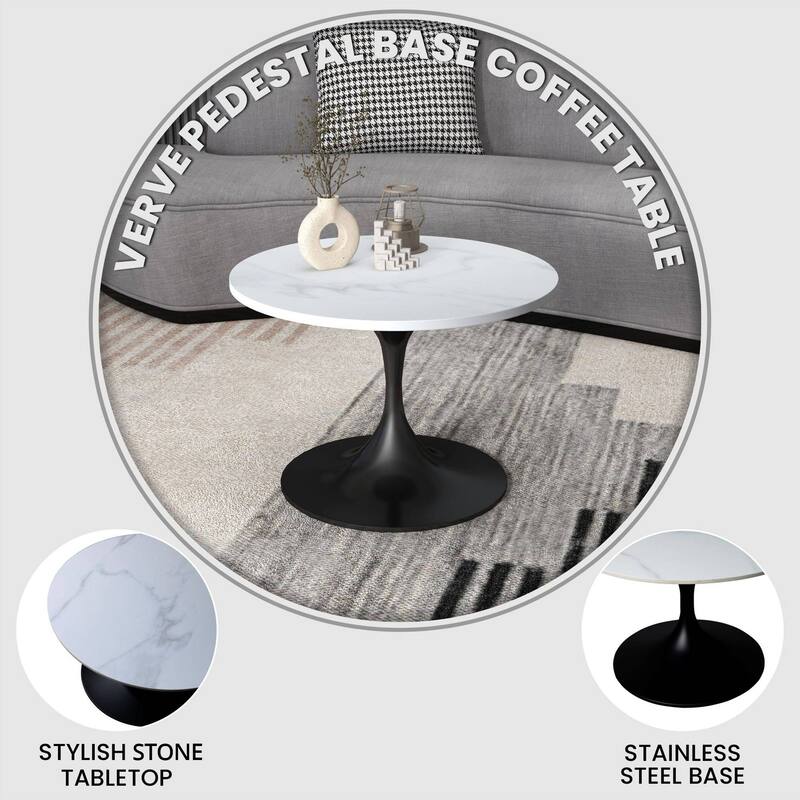 LeisureMod Verve 27" Round Coffee Table with Sintered Stone TableTop and Black Steel Base for Living & Bedroom