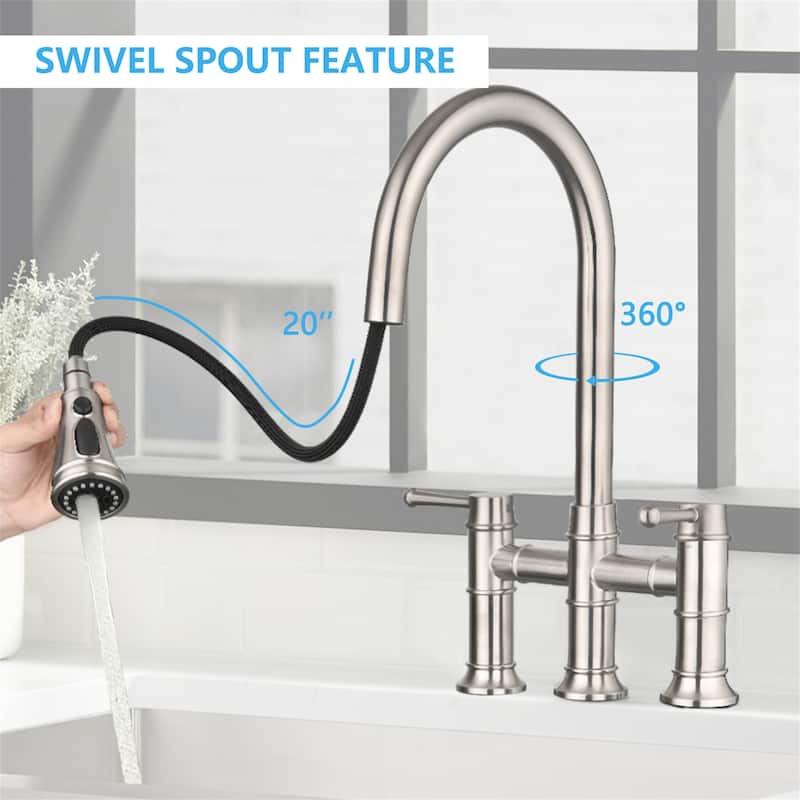 Bridge Kitchen Faucet With Pull Down Sparyer 3 Hole Kitchen Sink Faucet Double Handle 304 Stainless Steel Taps