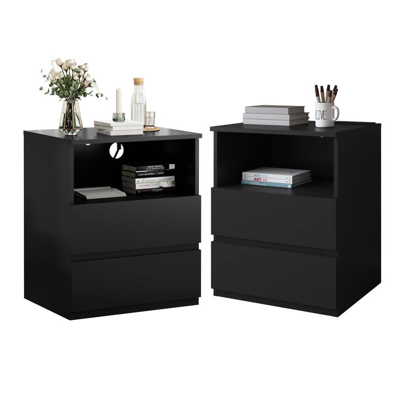 Nightstand with Charging Station, Sofa Side Table with Open Shelves & 2 Drawers, Large Capacity Wood Storage Cabinet
