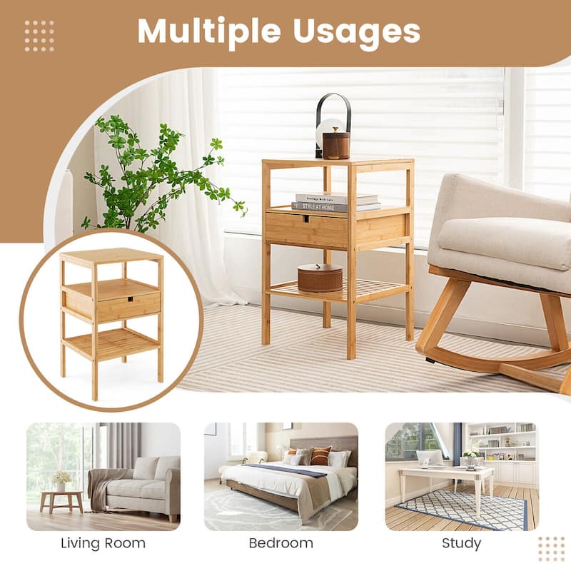 Gymax Bamboo Nightstands Set of 2 w/ Pull-out Drawer and Storage Shelf