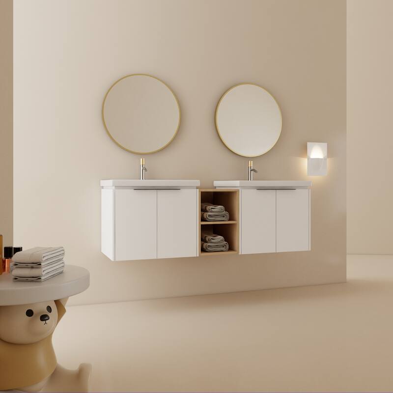 Wall-Mounted Vanity with Double Ceramic Basins, Soft-Close Doors, Metal Handles, and Ample Storage Space - 59.6in L Plywood