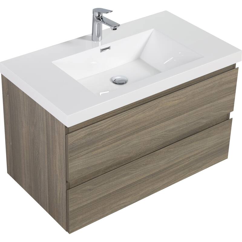 35.5-Inch Floating Bathroom Vanity with Glossy Resin Sink, Ash Grey Color, Wall-Mounted Design, 2 Drawers