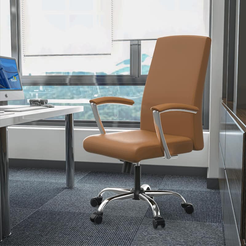 LeisureMod Evander Modern Swivel Office Chair in Faux Leather with Silver Frame