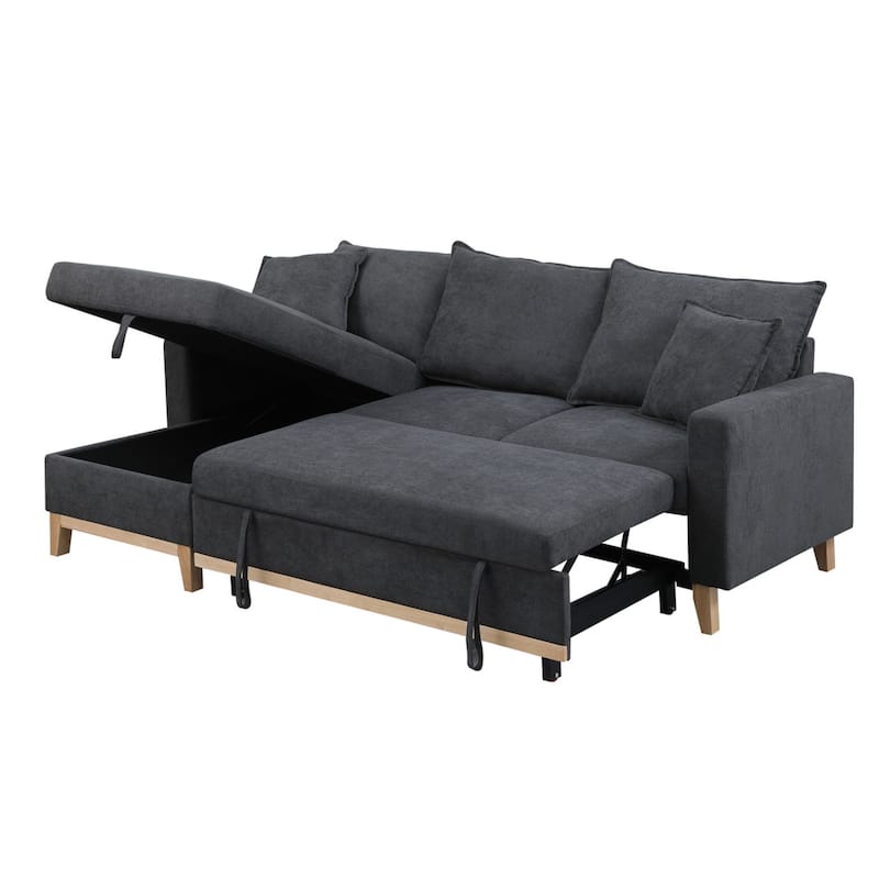 Colton 84.25-inch Dark Gray Woven Reversible Sleeper Sectional Sofa with Storage Chaise - 84.25"W x 57"D x 35"H