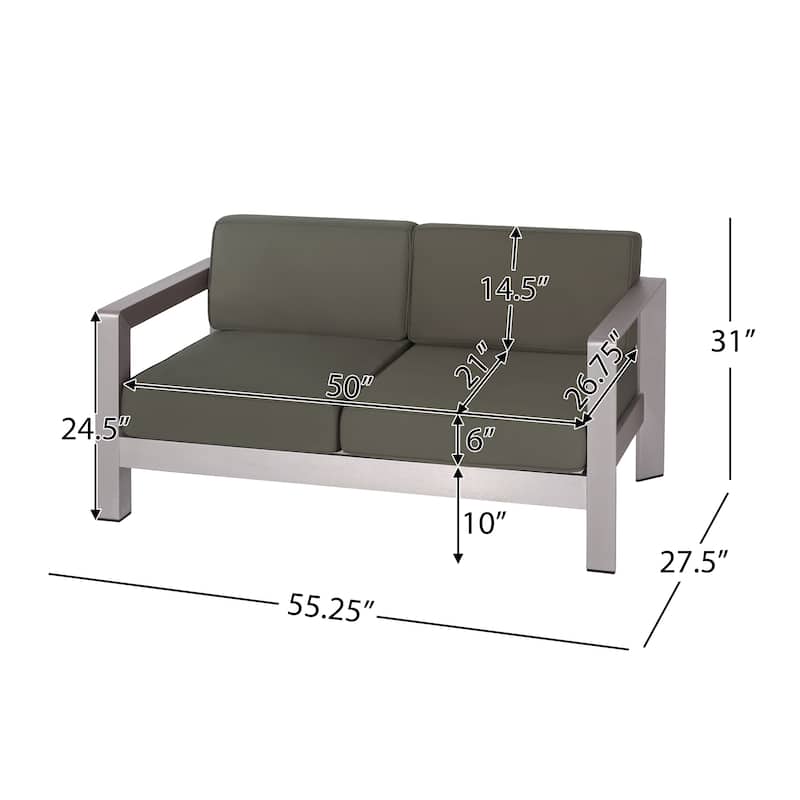 Roomfitters Aviara Outdoor Aluminum Loveseat with Deep Seating, Modern Silver Finish