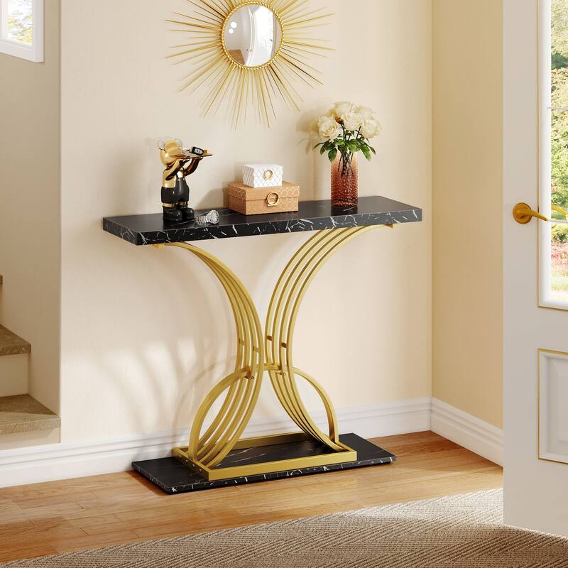 Moasis 39" Faux Marble Console Sofa Table Geometric Gold Base for Entryway