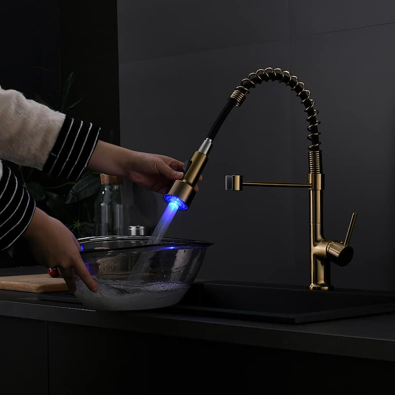 Pull Down Sprayer Kitchen Sink Faucet with LED Light - 8''W x 16.1''H - Gold