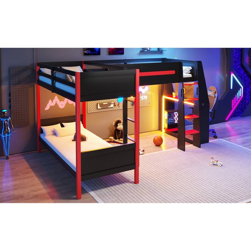 Roomfitters L-Shaped Twin Bunk & Loft Bed with Built-In Gaming Desk, LED Lights, Black and Red