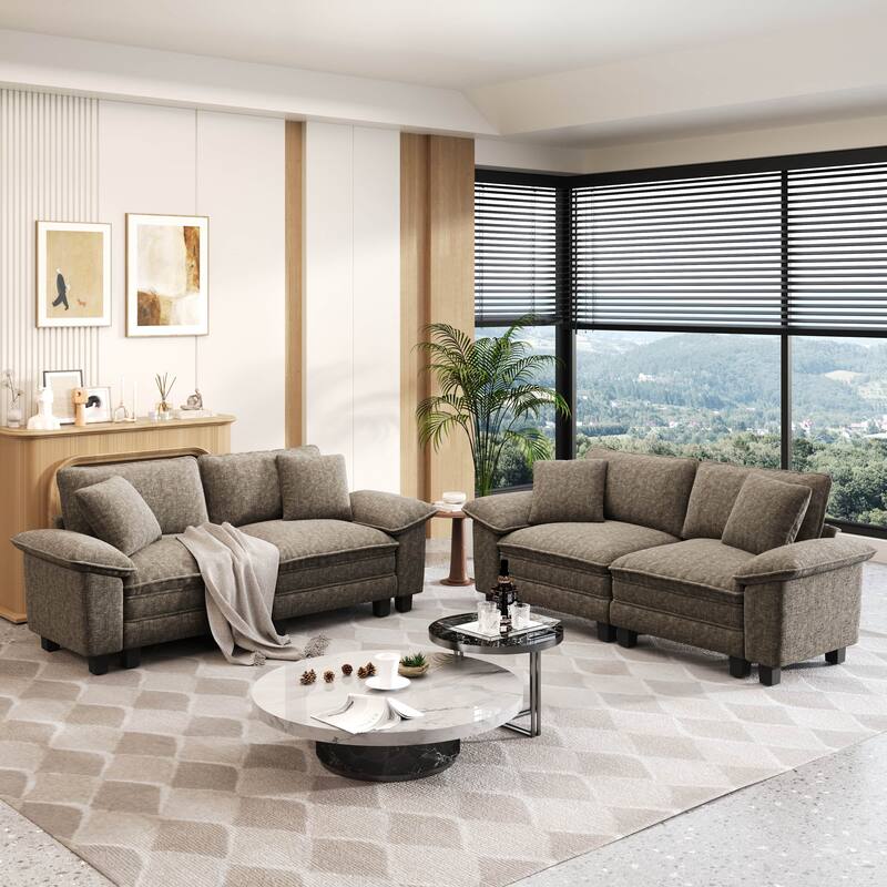 MAISON ARTS 2-Piece Chenille & Corduroy Sofa Set, Comfy 3/4/5-Seater Modular Loveseat & Armchair with Throw Pillows - Smoky Grey Chenille(4 Pieces) - Left Facing