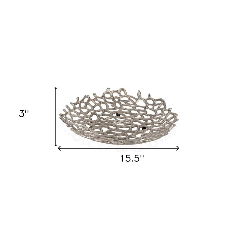 HomeRoots 15" Silver Aluminum Coral Decorative Bowl - 15.5' X '3' X '15.5