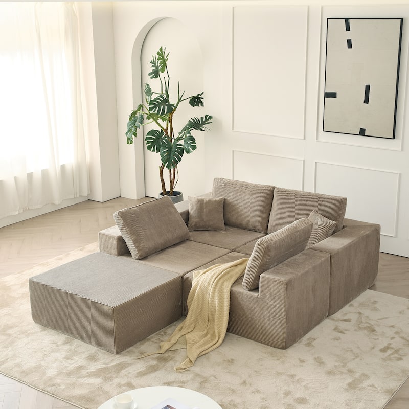 Modular Corduroy Sectional Sofa with Ottoman Chaise Lounge and Pillows