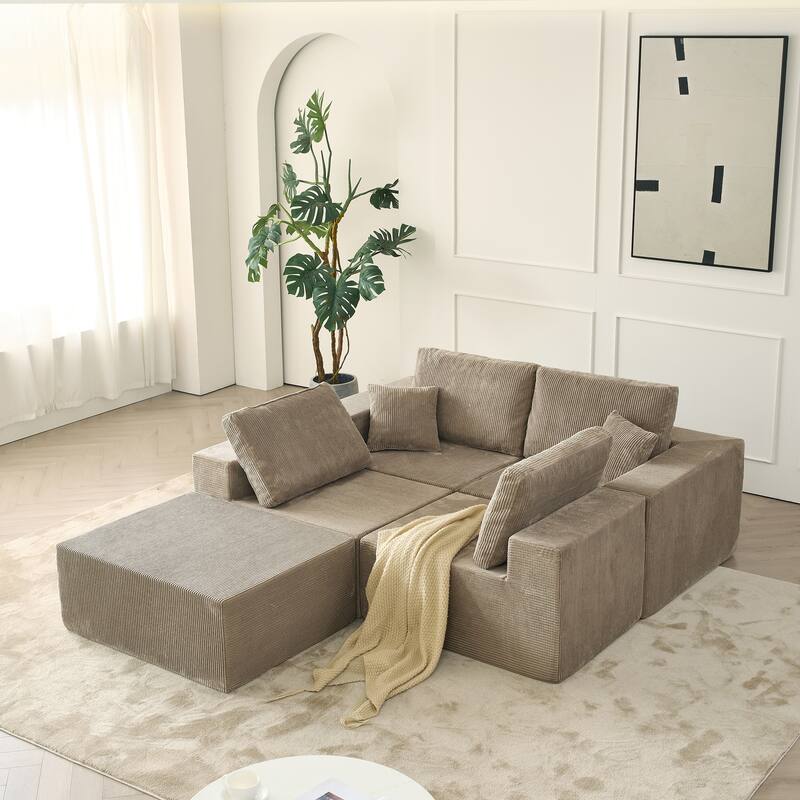Modular L Shaped Sectional Sofa with Ottoman, Corduroy Boneless Cloud Sofa, 4 Seater Compressed Sofa with 2 Pillows