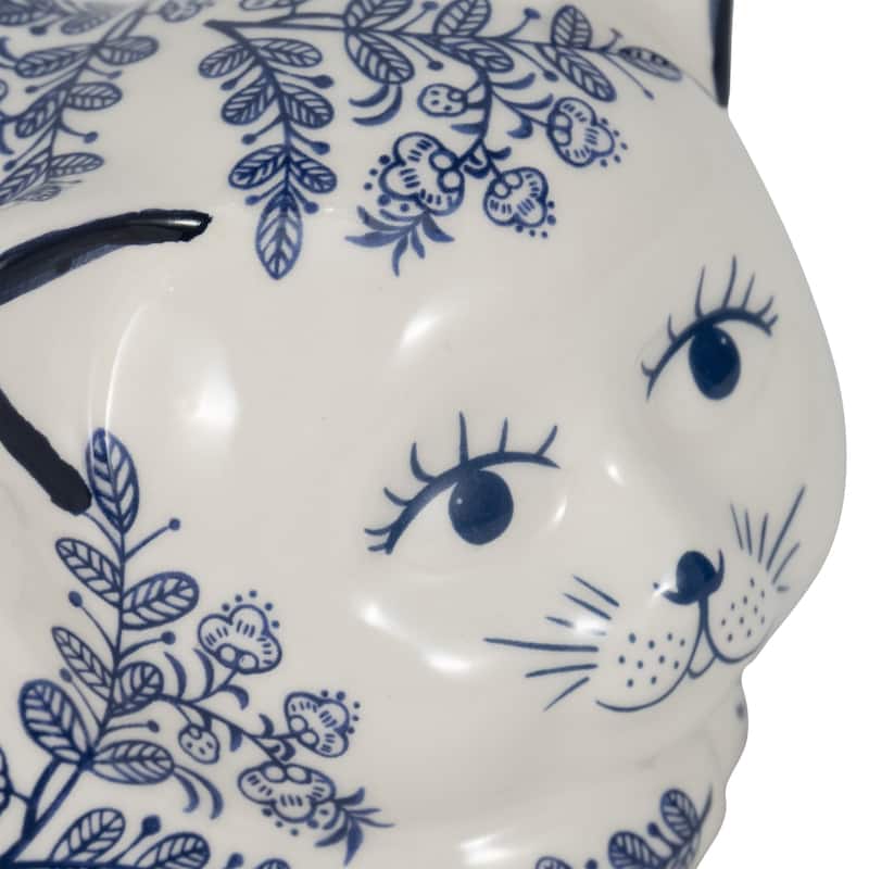 Ceramic Cat Sculpture Contemporary Vintage Style Chinoiserie Blue and White Floral Cat Statue Cat Lover