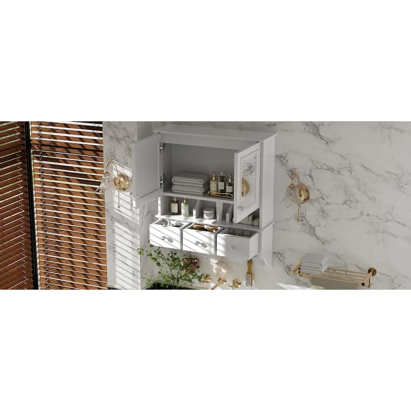 4-in-1 Bathroom Mirror Cabinet,24"Wall Mounted Medicine Cabinet with Drawers & Organizer Hooks,High-Define Mirrors with Storage