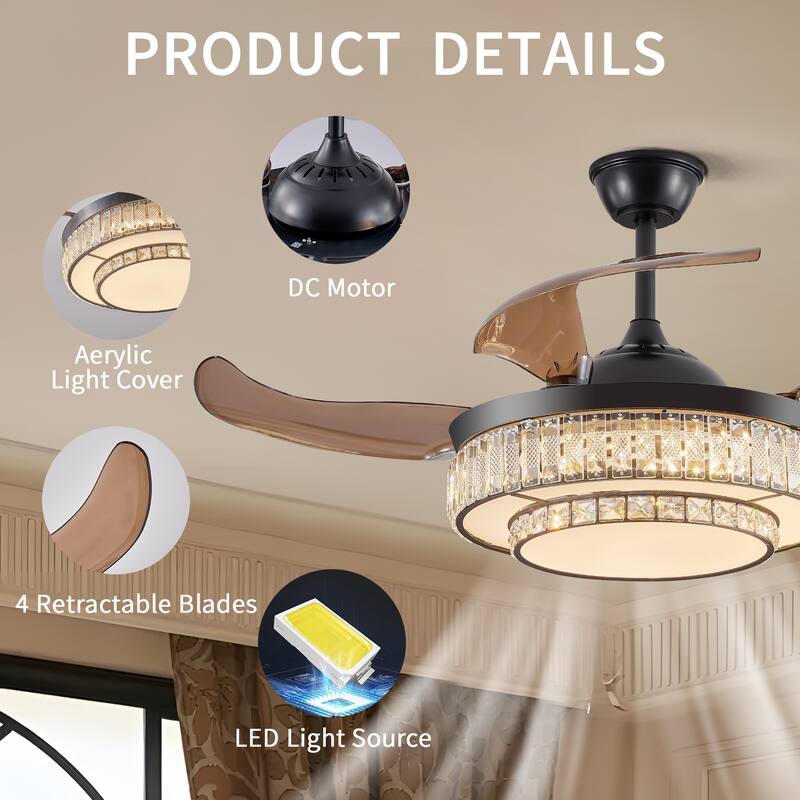 Ceiling Fan with 4 Retractable Blades and LED Light, 6-Speed Quiet Reversible DC Motor, Adjustable Color Temperature
