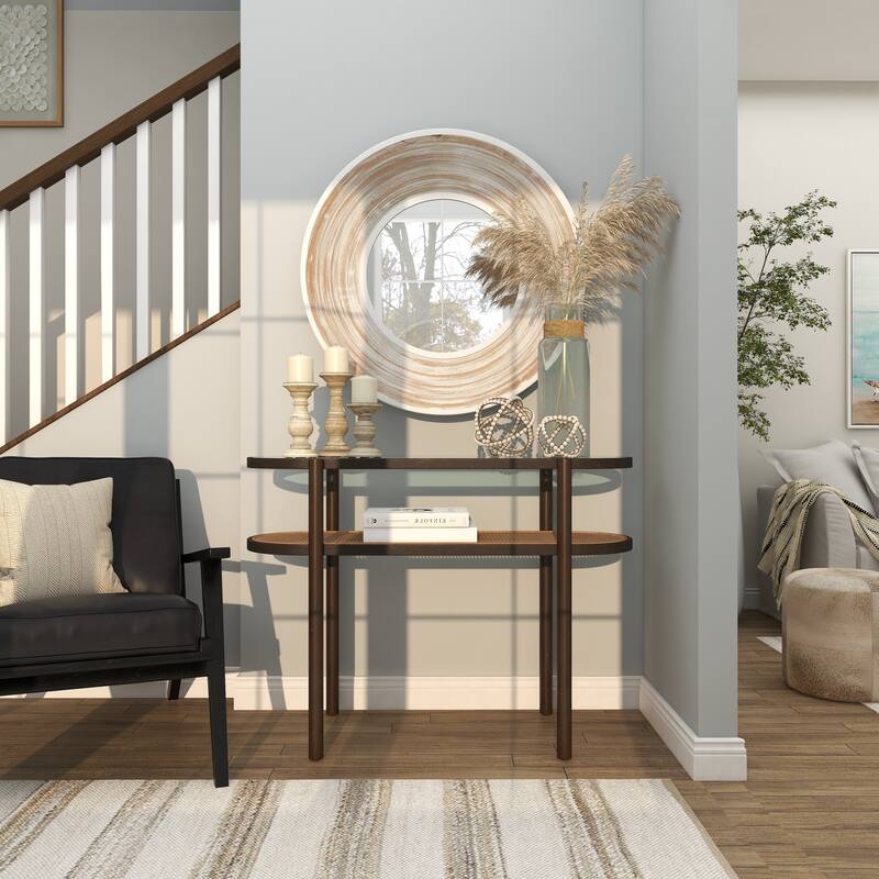 Rattan Oval 1 Shelf Console Table with Pressed Tempered Glass Top and Metal Legs - Brown - Roche River Decor