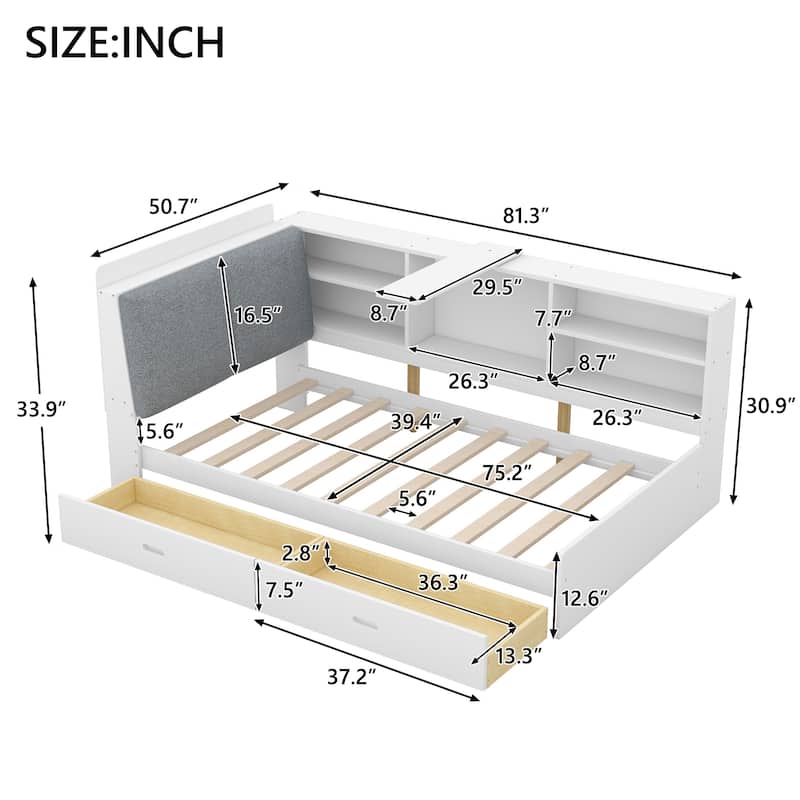 Twin Size Bed with Storage Headboard, Shelves, Drawers