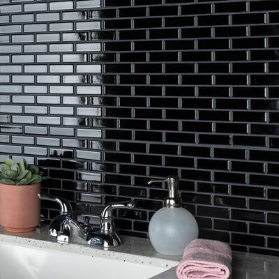 Merola Tile Metro Brick Subway Glossy Black 11.5" x 11.75" Porcelain Mosaic Tile