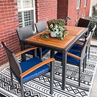 PHI VILLA 7 Piece Outdoor Dining Set for 6, 60" Rectangular Wood Top Metal Frame Dining Table & 6 Cushioned Rattan Chairs