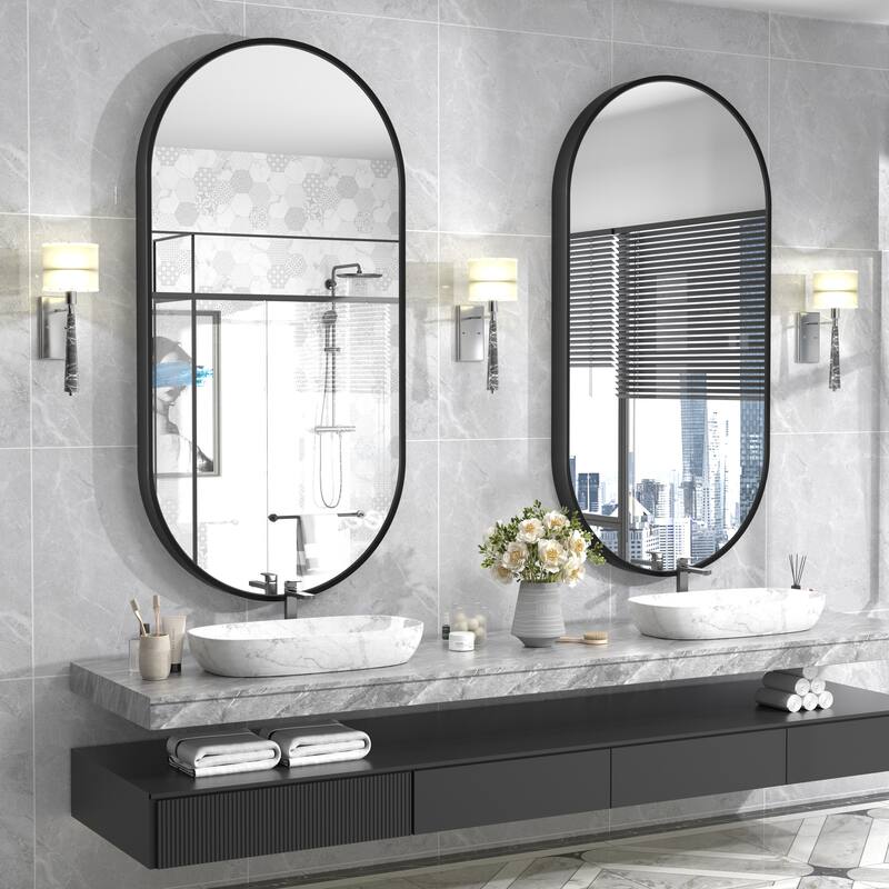 KIOTEE Oval Black Aluminum Alloy Framed French Cleat Mounted Wall Decor Bathroom Vanity Mirror with 5-Year Warranty