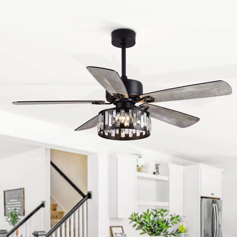 52-In Farmhouse Ceiling Fan with Lights Remote(Black)