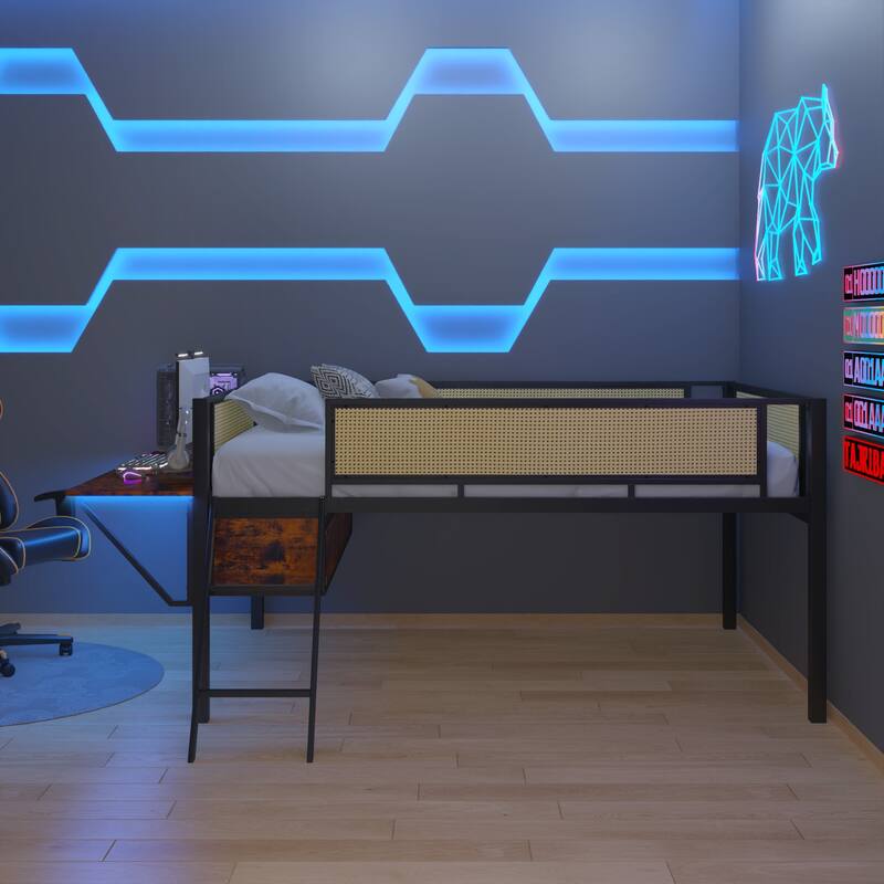 Full Size Metal Loft Bed with Desk, LED Lights & Storage