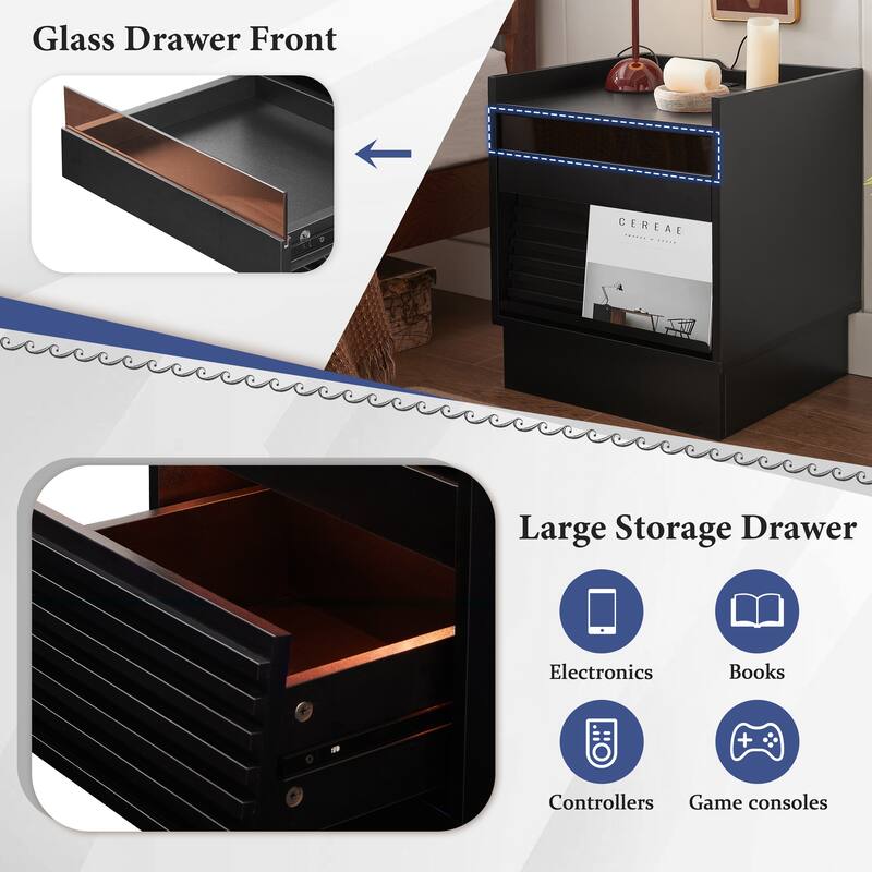 Bedside Table Nightstand with Charging Station and LED lights, Storage Cabinet Side Table with 2 Drawers