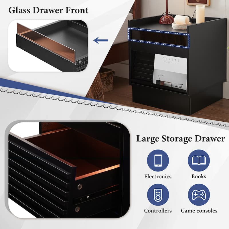 Modern Nightstand with Charging Station, LED Lights, and 2 Drawers for Bedroom or Living Room