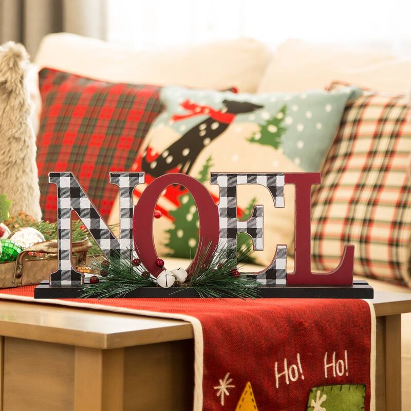 Glitzhome Christmas Wooden Plaid JOY NOEL Word Table Decor