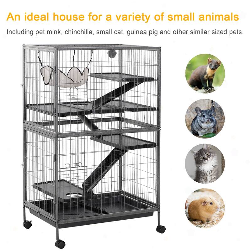 PawHut 4 Tier Steel Plastic Small Animal Pet Cage Kit for Little Rabbit Guinea Pig with Wheels Brakes hammock Removable Tray