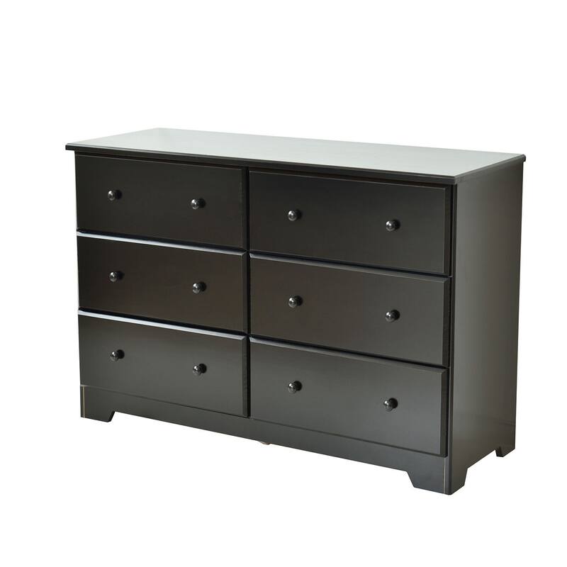 Solid Pine Wood 6-Drawer Double Dresser in Black Finish with Wide Storage and Smooth Gliding Drawer Hardware