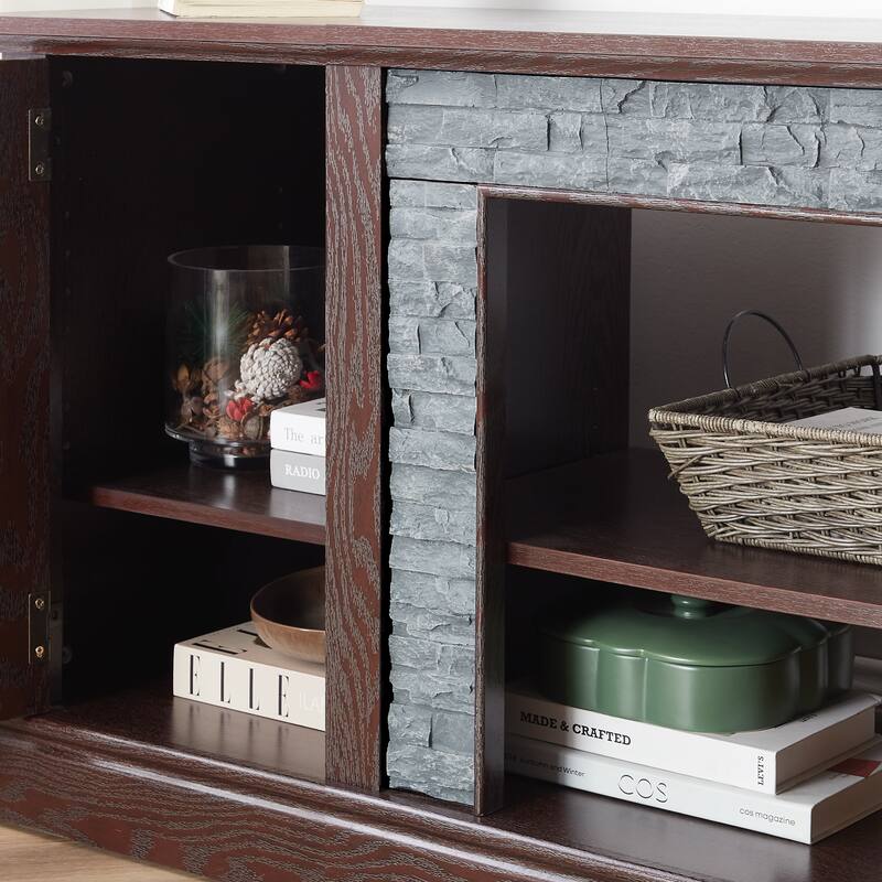 Modern TV Stand, Faux Stone Media Console Cabinet, Entertainment Center with 2-Door Storage, for Living Room, Cherry