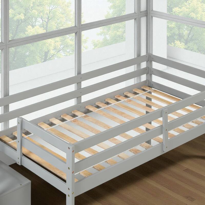 Twin Size Wooden Loft Bed with Staircase and Storage Steps, Solid Pine Frame with Guardrails