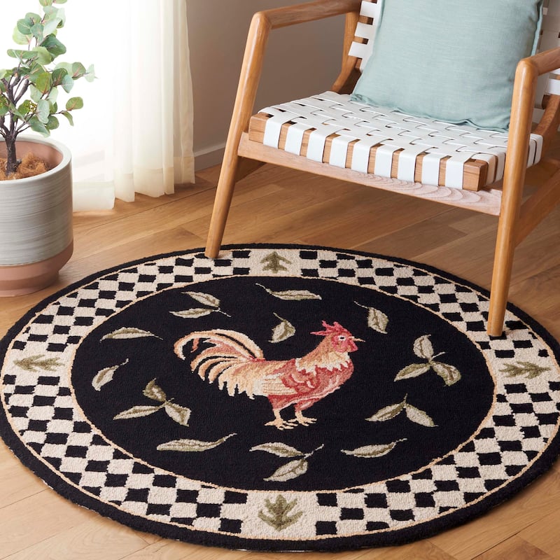 SAFAVIEH Hand-hooked Vintage Poster Rasma Rooster Wool Rug.. - 2' Round - Black/Ivory