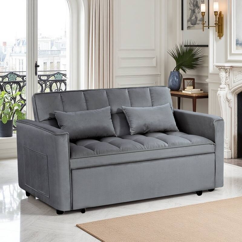 54” Velvet Pull-out Sleeper Sofa Bed,with 3 Adjusting Reclining Back & Storage - Solid Wood Frame,Twin Size-54” x 35.5” x 30”H