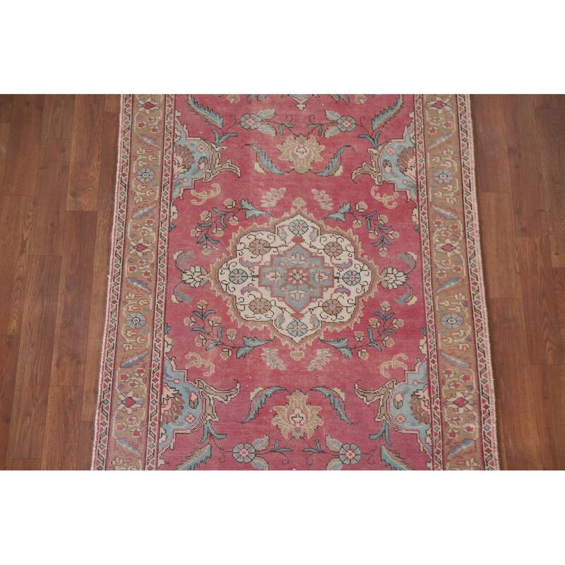Hand Knotted Oriental 100% Wool Carpet Traditional Floral Pink Tabriz Runner Rug - 12' 9'' X 3' 3''