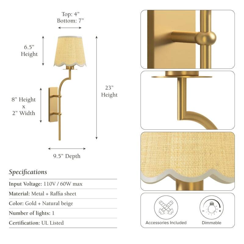 Rowabi Arco Cone Rattan Sconce Metal, Raffia & Natural Beige, Gold Wall Sconce for Bedroom, Hallway in Modern, Mid-Century Style