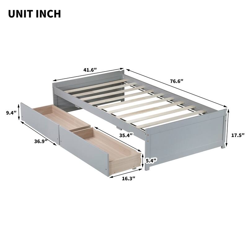 Twin Size Storage Bed with 2 Drawers Solid Rubber Wood Platform Bed, No Headboard