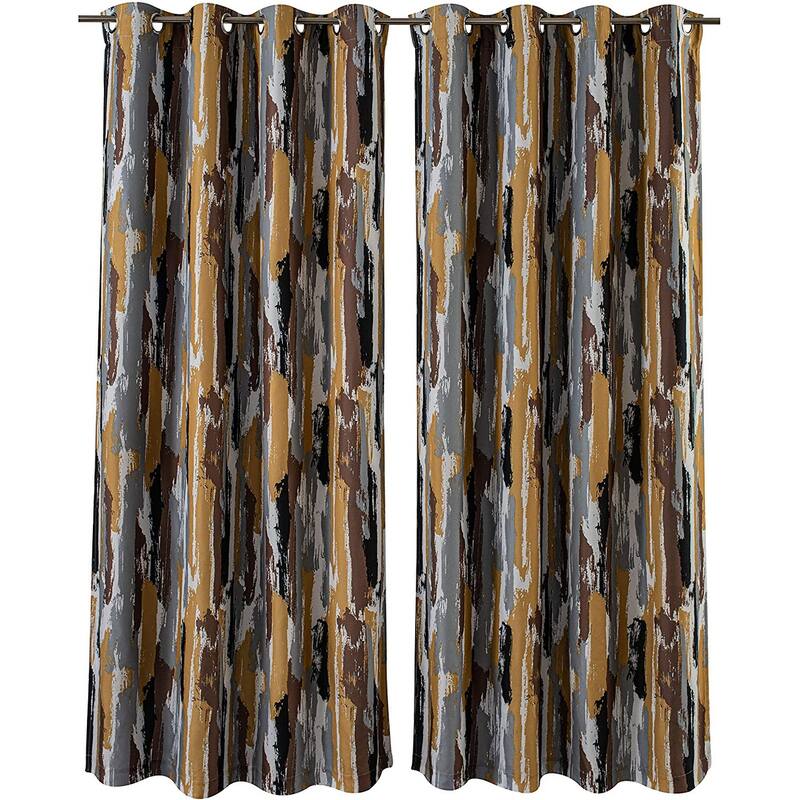 Ink Blue Brush Pattern Blackout Curtain Panel - 52'' Width X 84'' Length - Gold Black