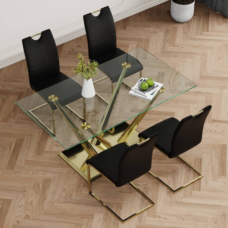 5-Piece Rectangular Dining Table Set for 4 Modern 63" Tempered Glass Kitchen Table with 4 Chairs, Luxury Dining Room Table Set