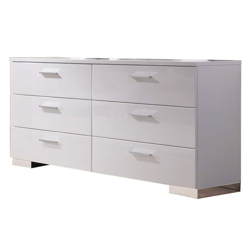 High Gloss Finish Wood and Metal Dresser with 6 Spacious Drawers,White