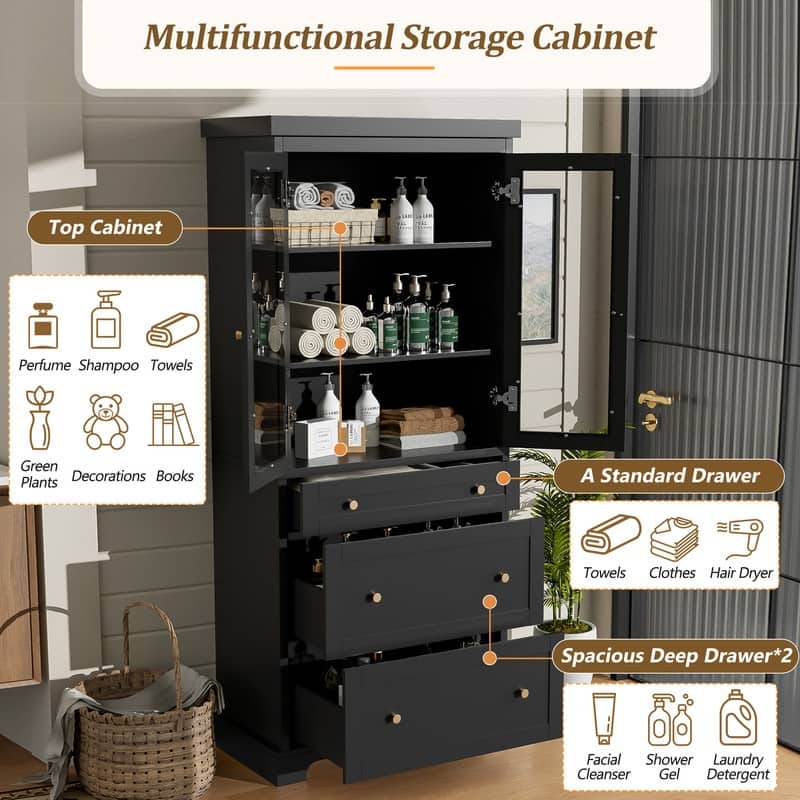 70.1" Modern High Freestanding Tall Bathroom Cabinet with 2 Adjustable Shelves, 3 Drawers, Soft Close Glass Doors