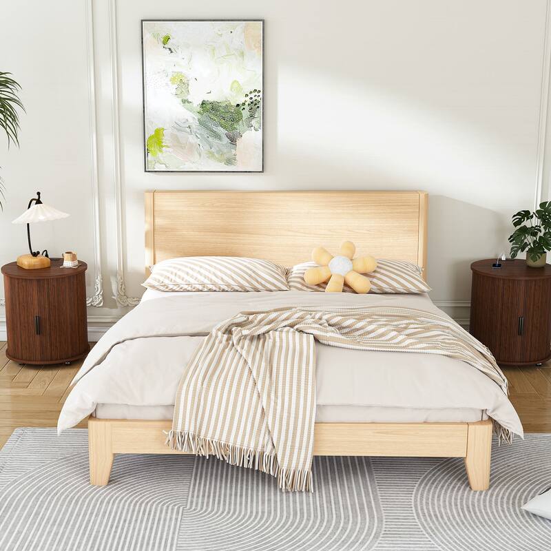 Roomfitters Round Nightstand with Charging Station, Mid Century Modern End Table with Sliding Door and USB, Walnut Finish