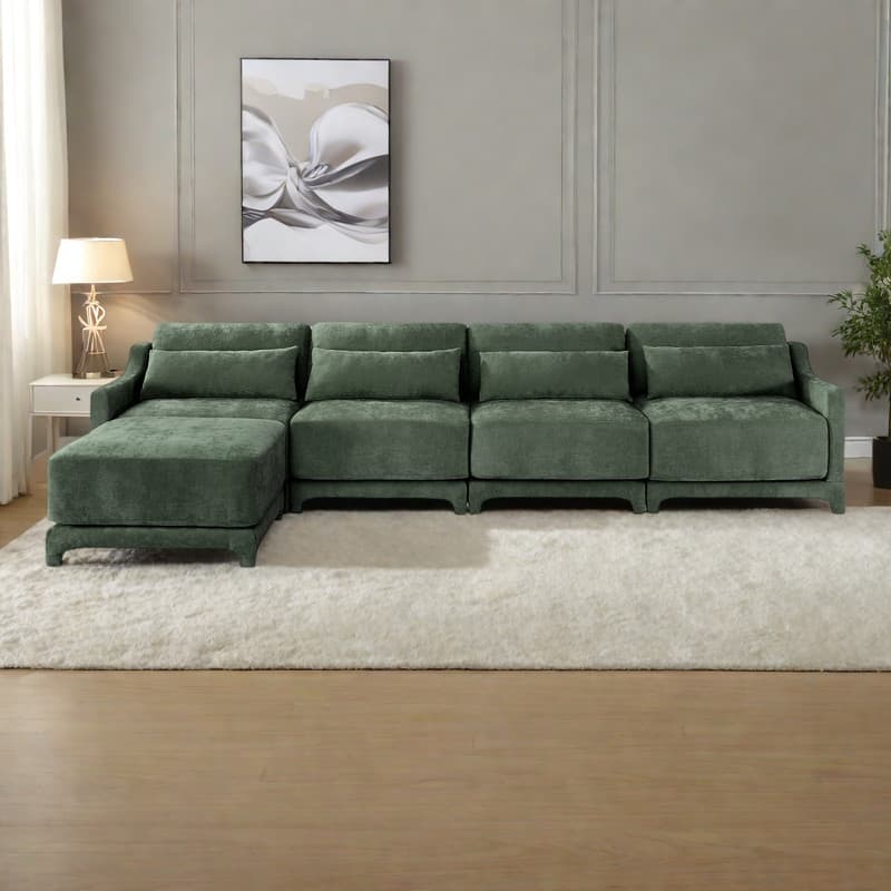141.7" Chenille Modular 4-Seater Sofa with Movable Ottoman, High-Resilient Sponge, and Ergonomic Wooden Base - Green