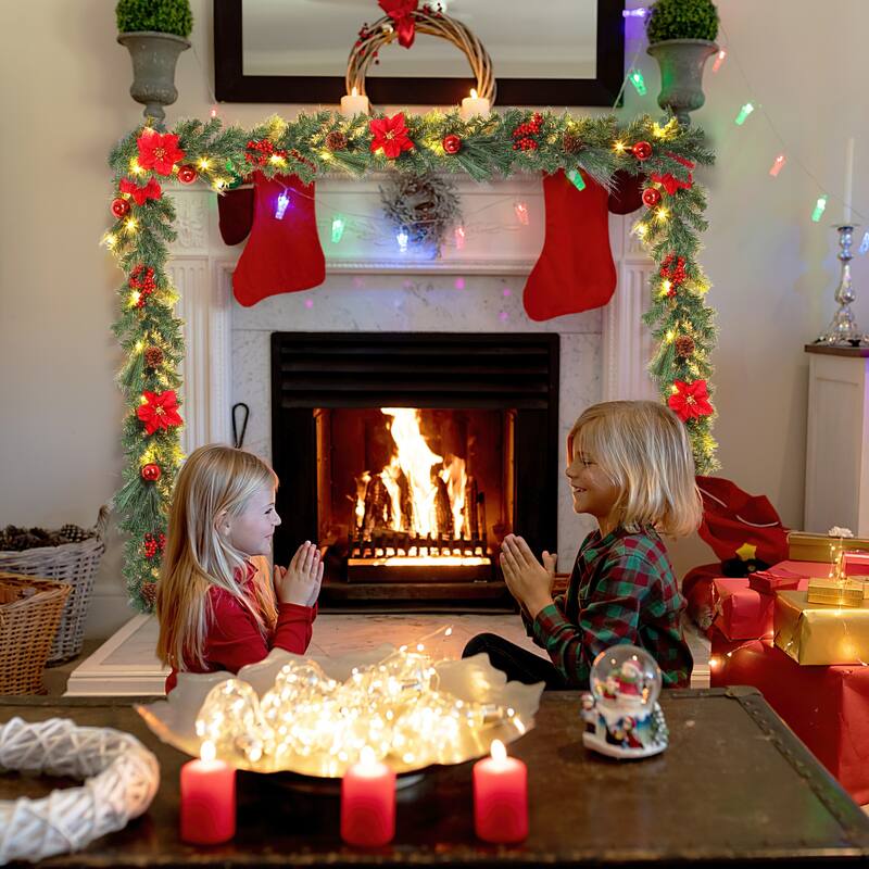 6 ft Christmas Garland for Mantle, Battery Operated Poinsettia Garland - N/A