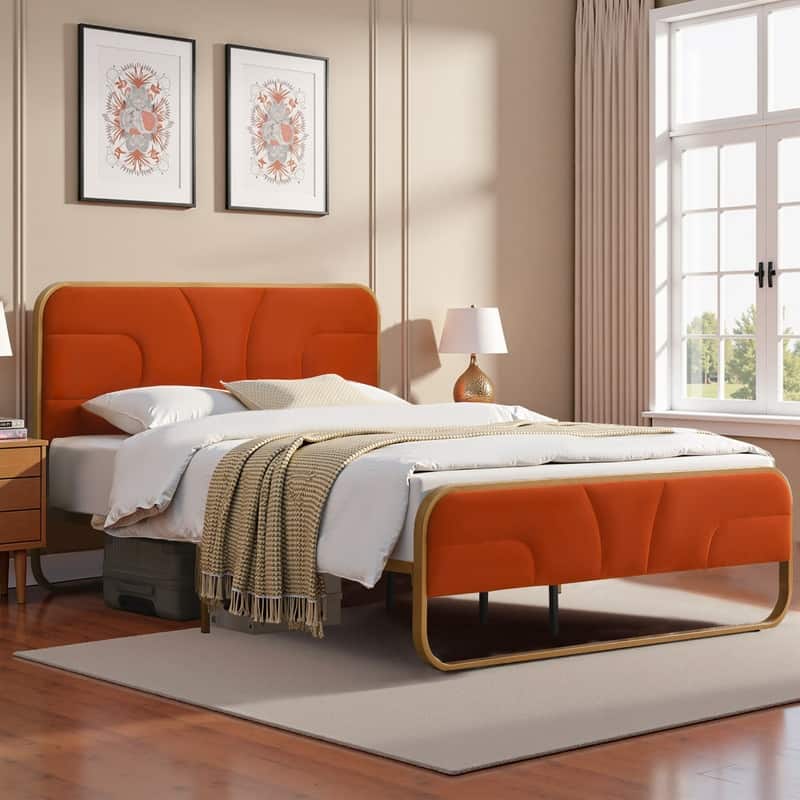 Modern Velvet Platform Bed - Orange - Full