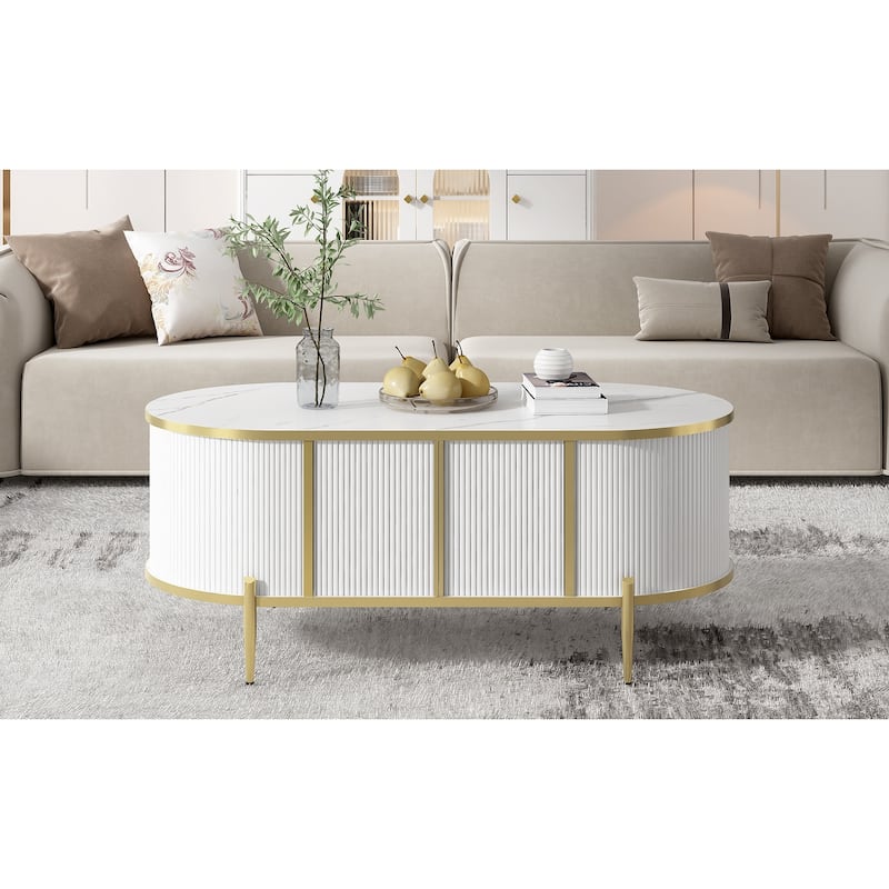 47.2" Modern Oval Coffee Table with Marble-patterned Top and 2 Cabinets