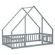 preview thumbnail 9 of 7, Twin Pine Wood House-Shaped Floor Bed Frame with Fence & Guardrails