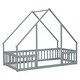 preview thumbnail 9 of 7, Twin Size Pine Wood House-Shaped Floor Bed Frame with Fence & Guardrails for Kids Girls Boys, No Need Spring Box