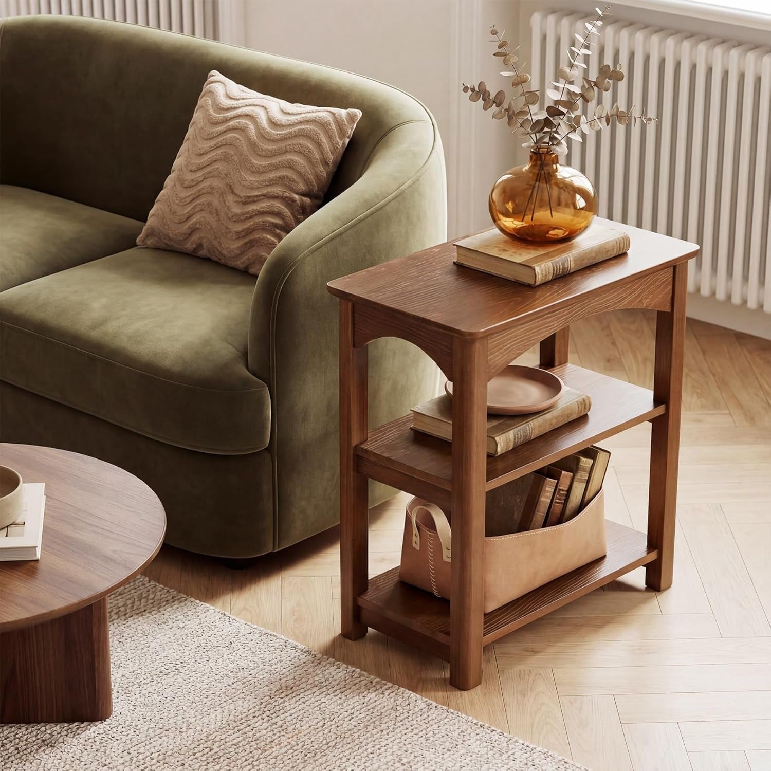 3-Tier Solid Wood End Table, Narrow Side Table with Storage Shelves